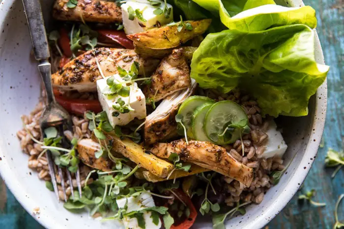 Keep Your Dinner Fun And Colorful With This Roasted Greek Chicken And Farro Salad with Oven Fries