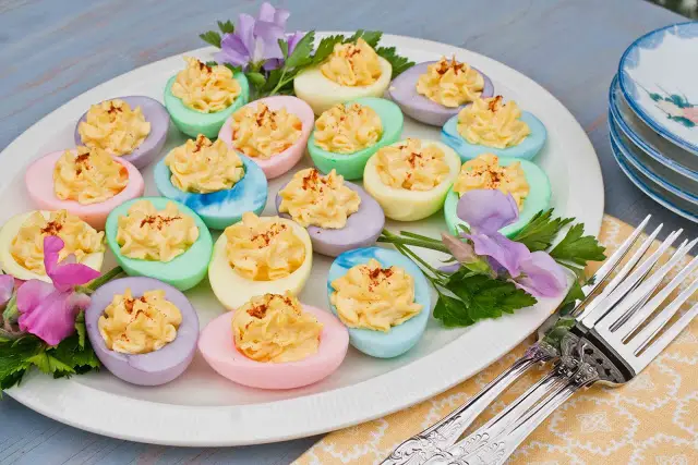 Pastel colored deviled eggs
