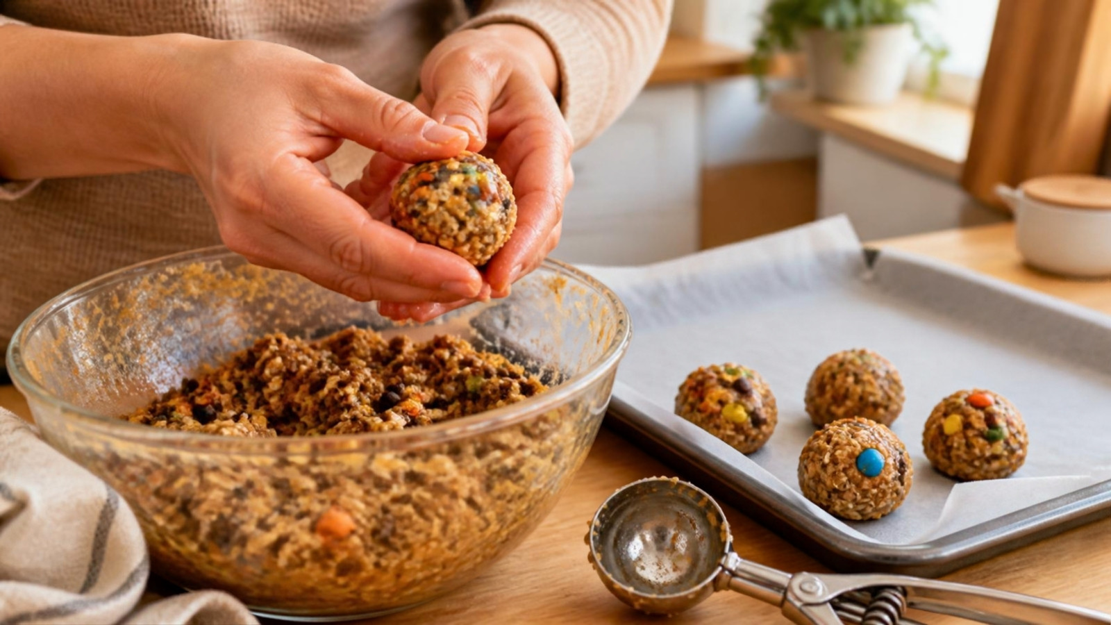 Hands rolling an oat, peanut butter and chocolate candy mixture into balls, with rolled bites on a lined tray
