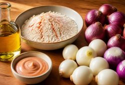 Small red and white onions, seasoned flour, oil and a pink dipping sauce on a wooden counter