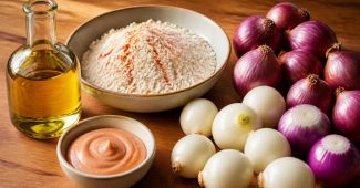 Small red and white onions, seasoned flour, oil and a pink dipping sauce on a wooden counter