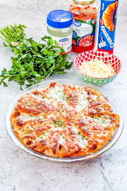Italian crescent casserole in a glass pie dish