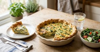 Homemade quiche with a slice cut