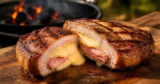 Grilled stuffed pork chop cut open to show ham and melted cheese
