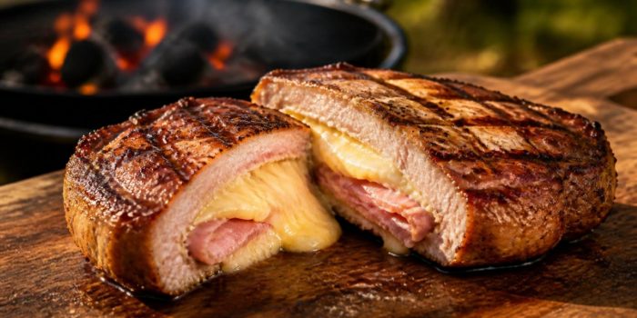 Grilled stuffed pork chop cut open to show ham and melted cheese