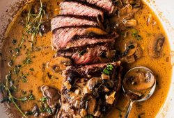 Sliced pan-seared New York strip steak in mushroom cream sauce