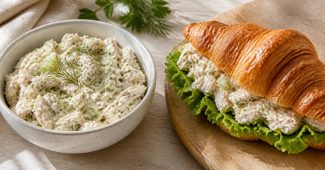 Bowl of creamy chicken salad next to a chicken salad croissant sandwich