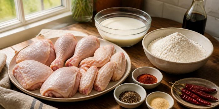 Raw chicken thighs, drumsticks and wings with buttermilk, flour, spices and dried chilies