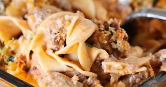 Beef Stroganoff Casserole with egg noodles and a crumb topping