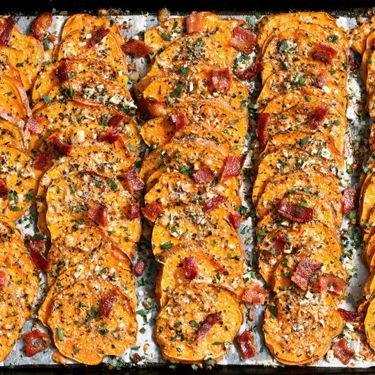 Roasted Sweet Potatoes with Garlic Parmesan and Bacon-11 Easy Ways To Cook Sweet Potatoes