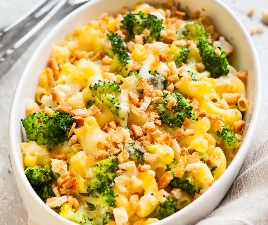 Chicken noodle casserole with fresh broccoli (or frozen broccoli) and mushroom soup