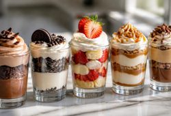 Five layered no-bake dessert shots in small glasses