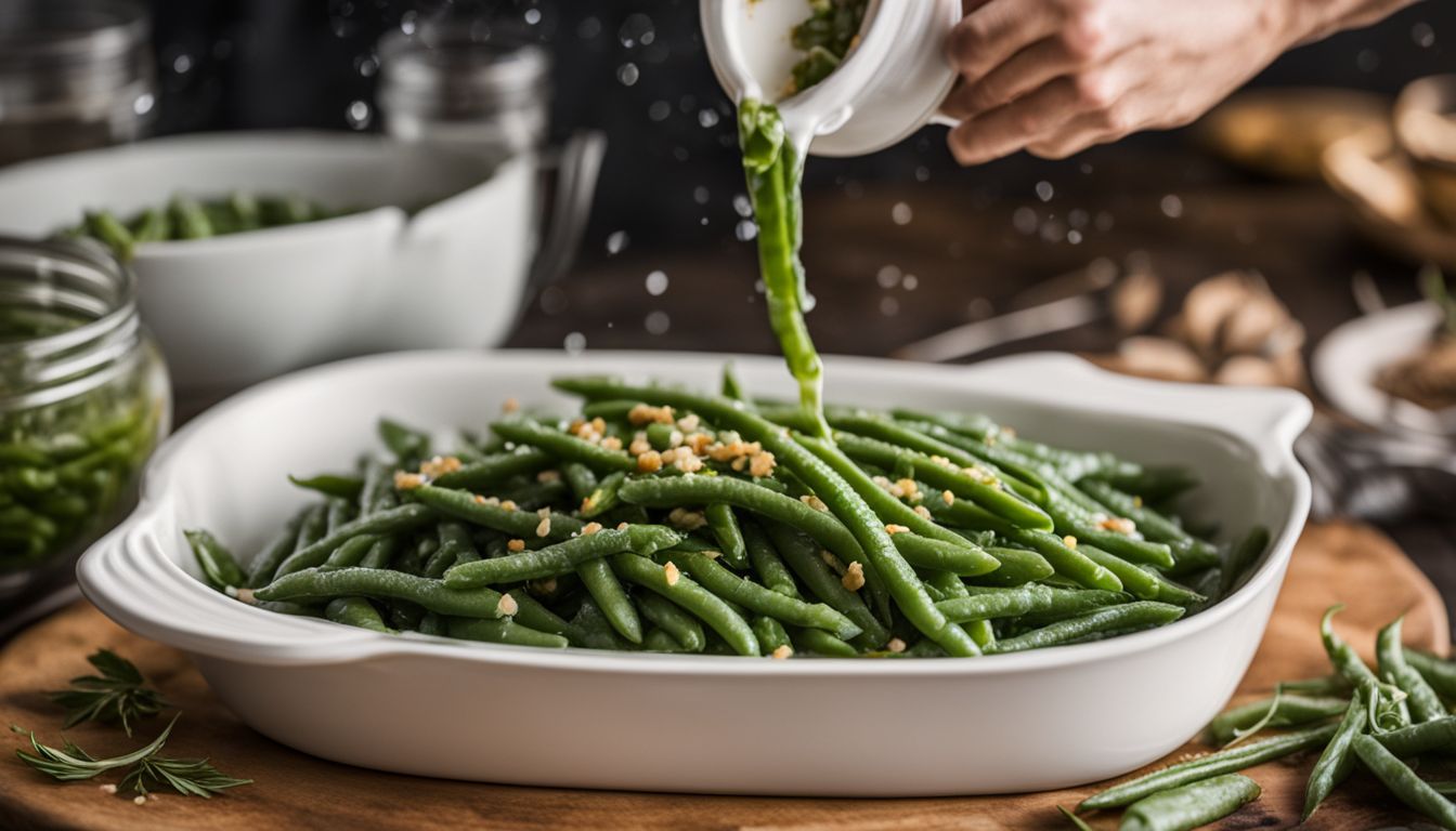 A pile of frozen green beans being poured into a casserole dish in a bustling kitchen setting. A pile of frozen green beans being poured into a casserole dish in a bustling kitchen setting.