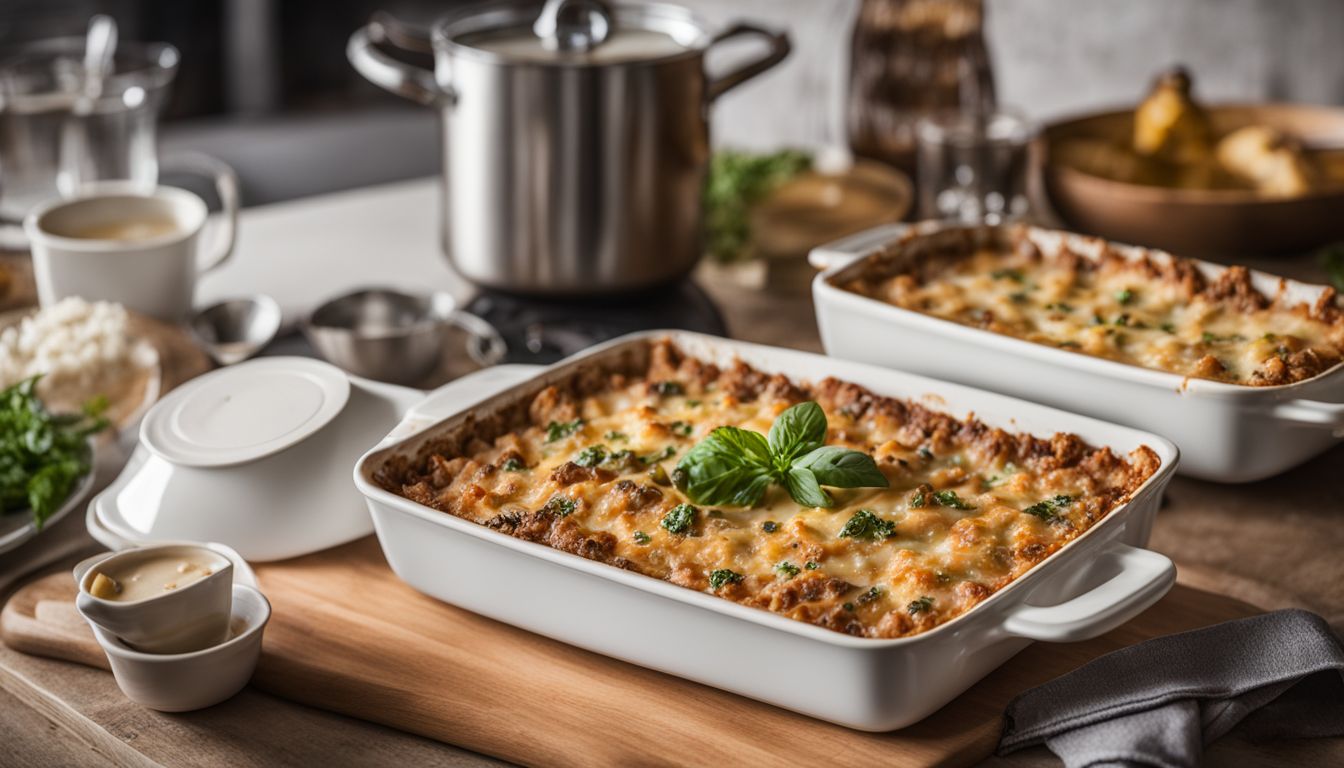 A photo of a casserole dish with various toppings in a bustling kitchen environment. A photo of a casserole dish with various toppings in a bustling kitchen environment.
