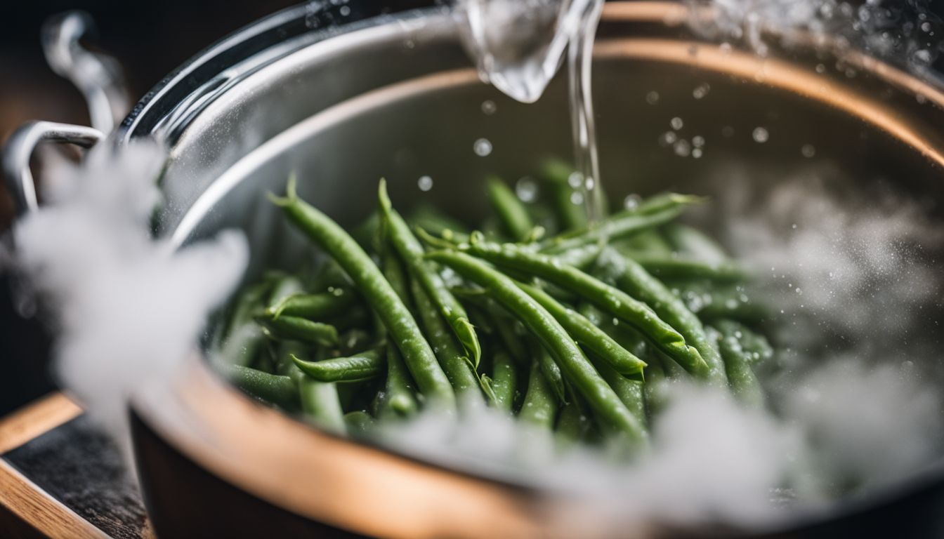 A photo of fresh green beans being blanched in a pot of boiling water surrounded by ice cubes. A photo of fresh green beans being blanched in a pot of boiling water surrounded by ice cubes.