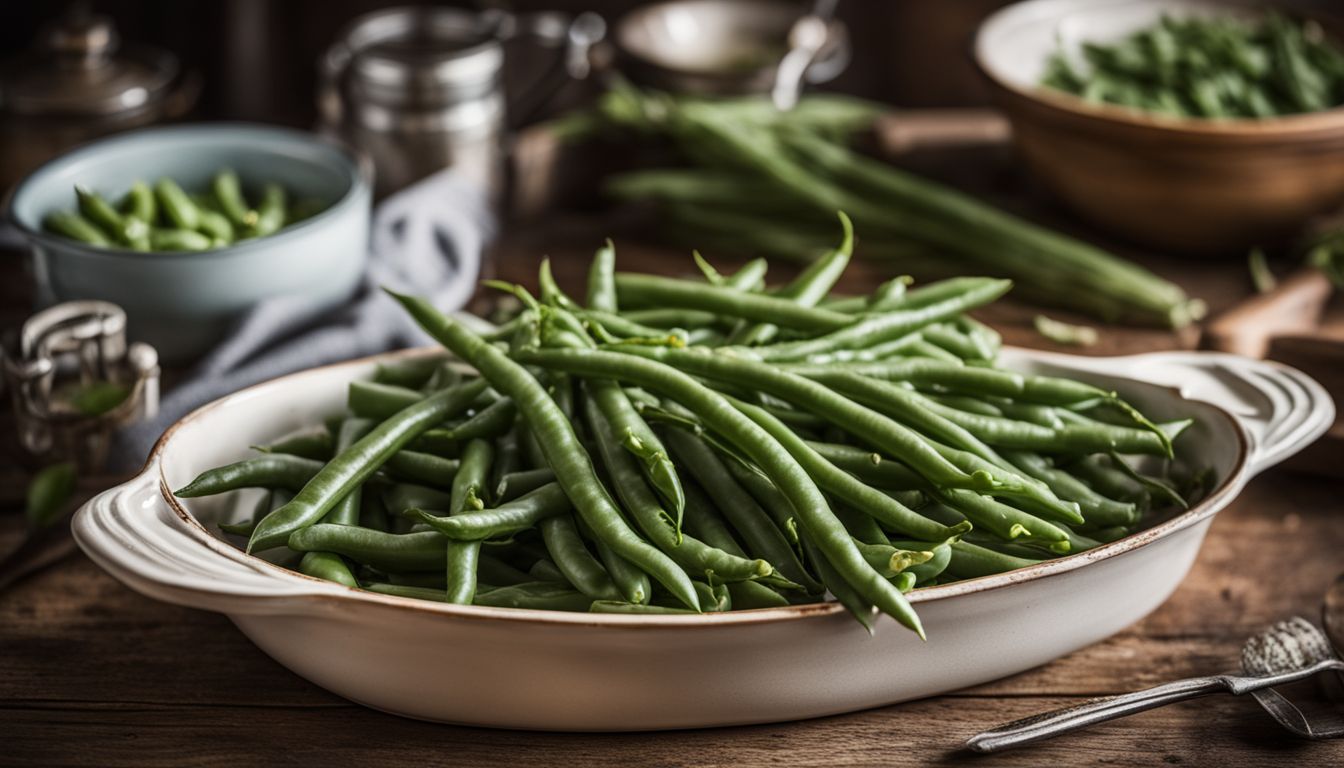 Freshly picked green beans arranged on a rustic table with a vintage casserole dish. Freshly picked green beans arranged on a rustic table with a vintage casserole dish.