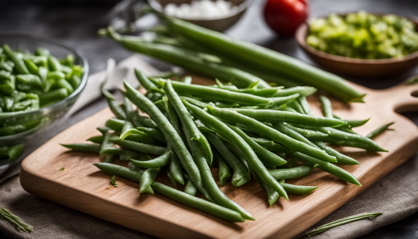 A variety of frozen vegetables arranged on a cutting board in a well-lit kitchen setting. A variety of frozen vegetables arranged on a cutting board in a well-lit kitchen setting.