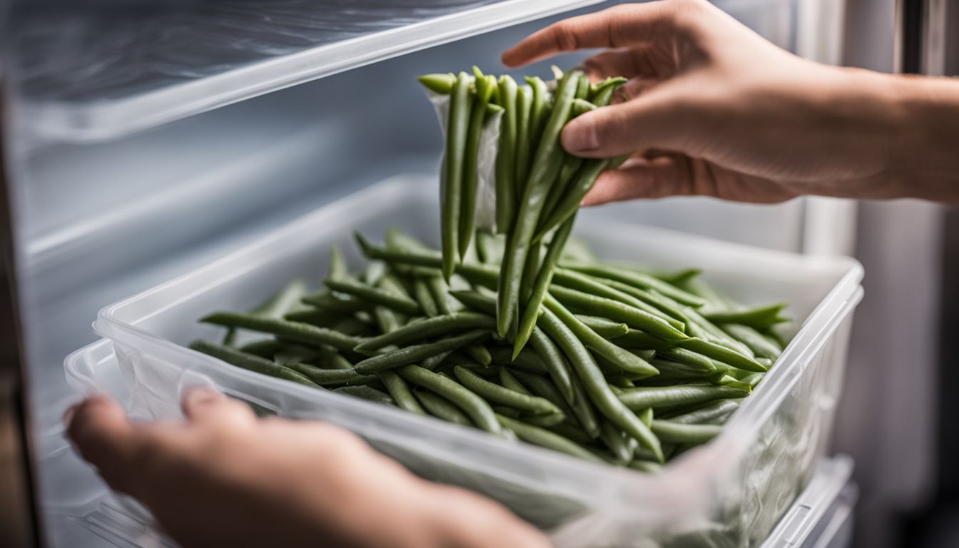 A hand grabbing a bag of frozen green beans from a well-stocked freezer in a bustling kitchen. A hand grabbing a bag of frozen green beans from a well-stocked freezer in a bustling kitchen.