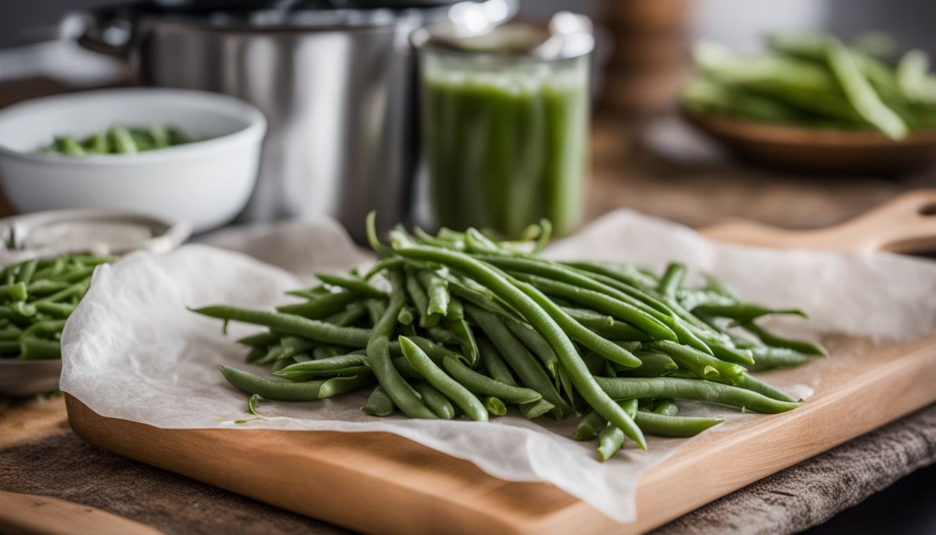 A bag of frozen green beans on a kitchen counter with cooking ingredients, captured with a DSLR camera. A bag of frozen green beans on a kitchen counter with cooking ingredients, captured with a DSLR camera.