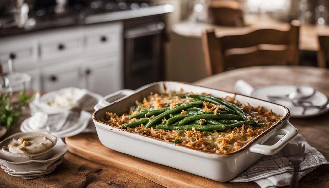 A rustic kitchen scene featuring a mouth-watering green bean casserole in a casserole dish. A rustic kitchen scene featuring a mouth-watering green bean casserole in a casserole dish.