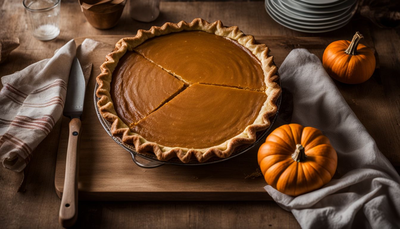 A freshly baked pumpkin pie cooling on a rustic farmhouse kitchen counter.