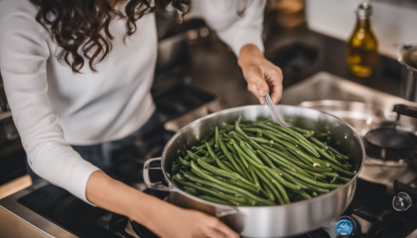 A woman blanching frozen green beans in a pot of boiling water surrounded by kitchen utensils. A woman blanching frozen green beans in a pot of boiling water surrounded by kitchen utensils.
