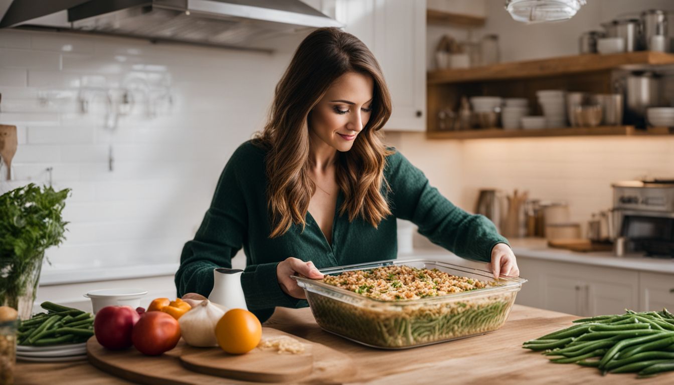 A woman is seen prepping a green bean casserole in a busy, well-lit kitchen. A woman is seen prepping a green bean casserole in a busy, well-lit kitchen.