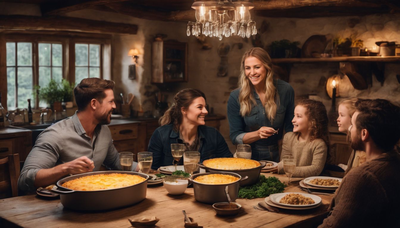 A cozy family dinner with a bubbling shepherd's pie in a rustic kitchen. A cozy family dinner with a bubbling shepherd's pie in a rustic kitchen.