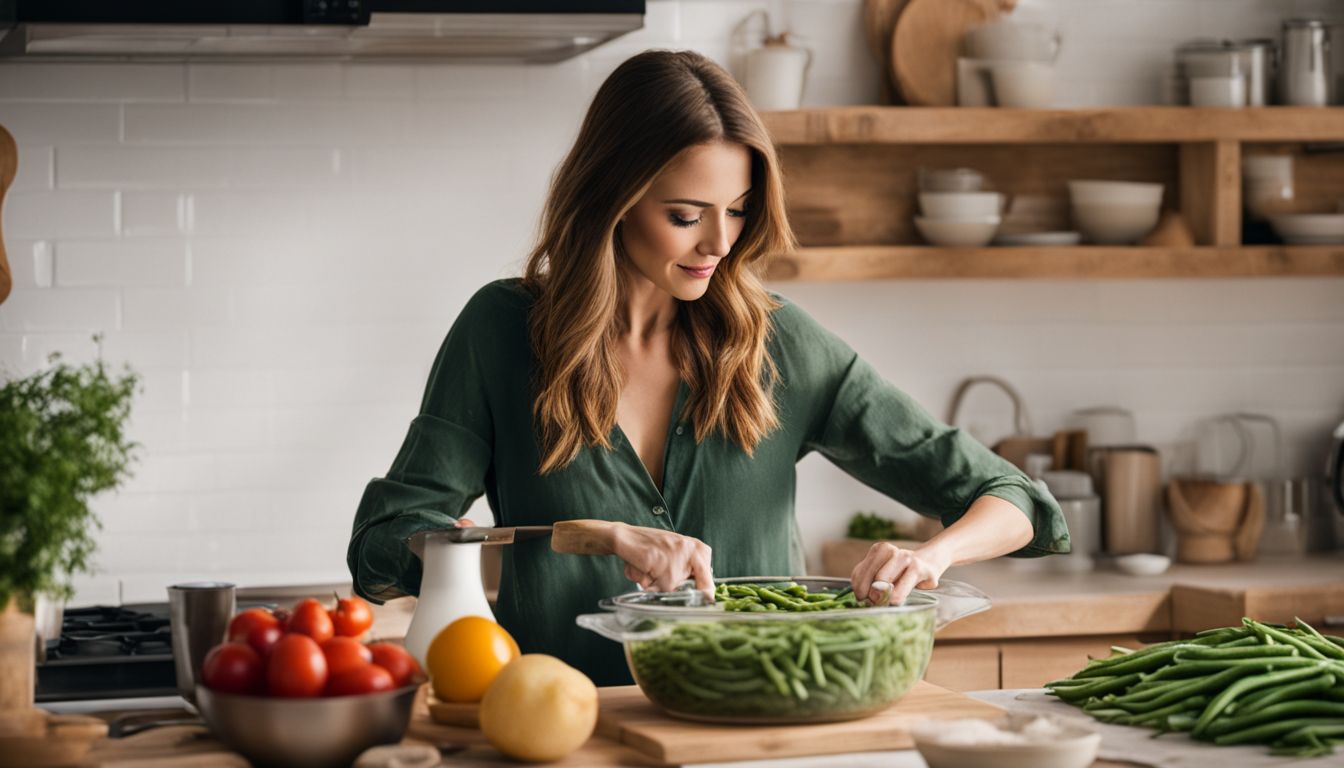 A woman prepares a nutritious casserole with frozen green beans in a bustling kitchen. A woman prepares a nutritious casserole with frozen green beans in a bustling kitchen.