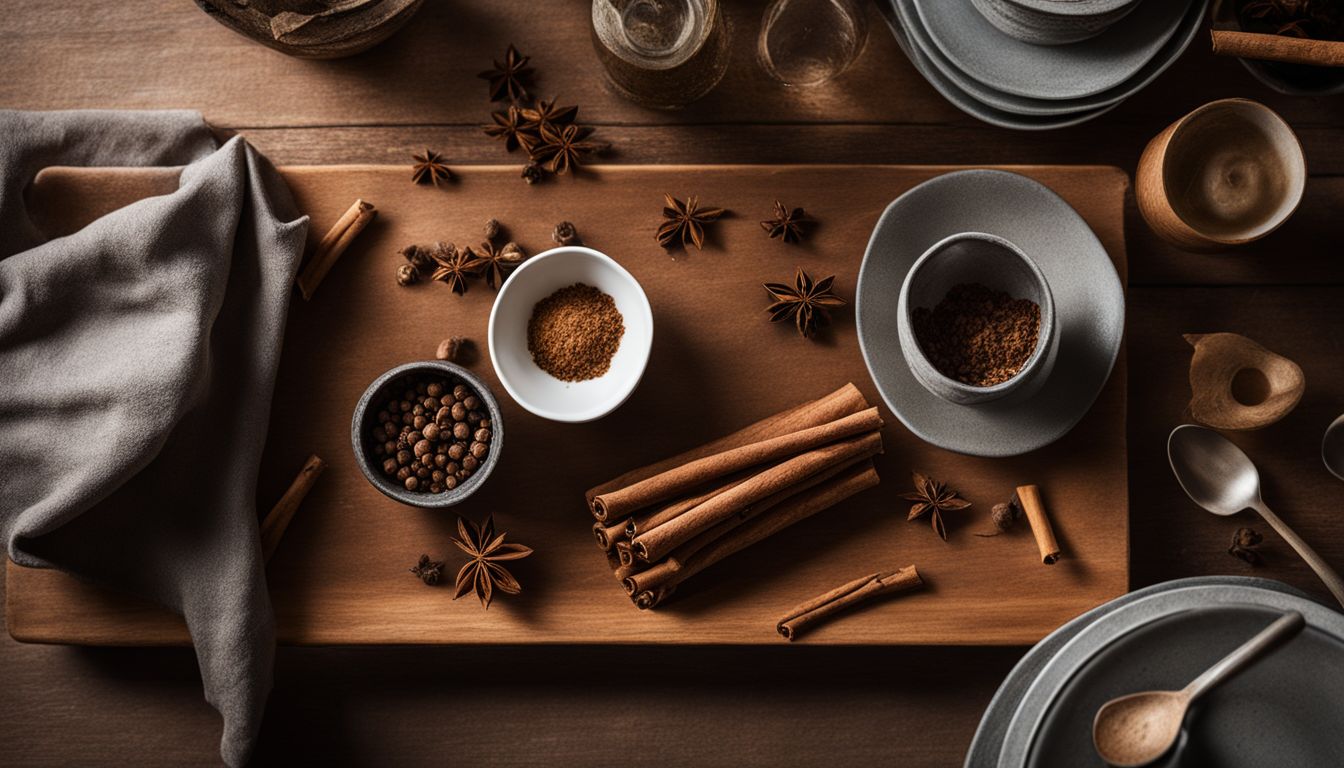 A rustic kitchen table with various spices and ingredients, captured in a high-quality photograph.