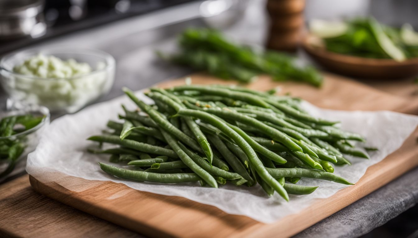 A photo of thawed frozen green beans surrounded by fresh ingredients on a clean kitchen counter. A photo of thawed frozen green beans surrounded by fresh ingredients on a clean kitchen counter.