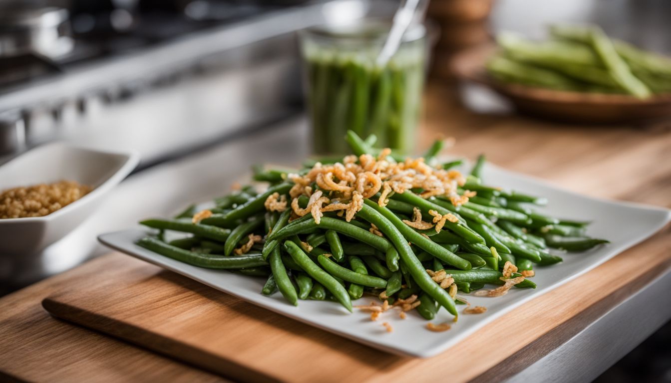 A colorful display of fresh green beans and crispy onions on a kitchen counter. A colorful display of fresh green beans and crispy onions on a kitchen counter.
