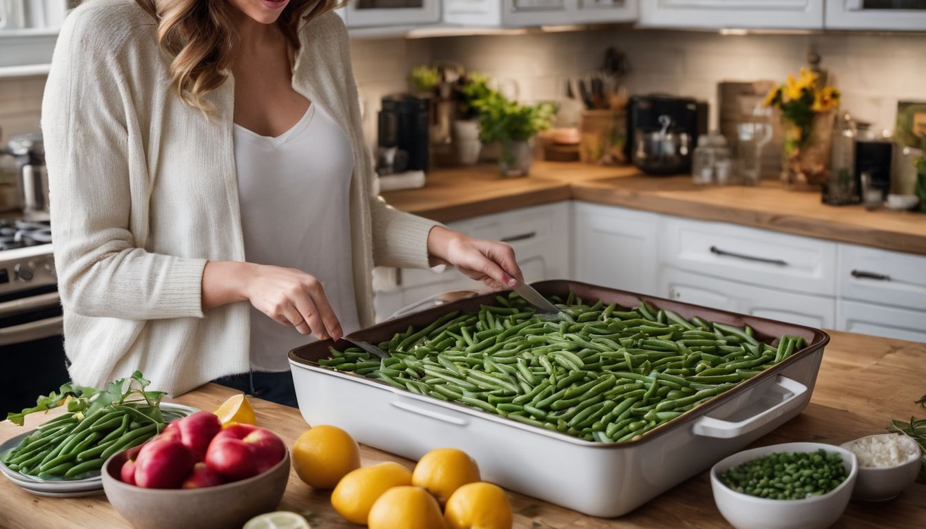 A woman is preparing a casserole with frozen green beans and other colorful ingredients. A woman is preparing a casserole with frozen green beans and other colorful ingredients.