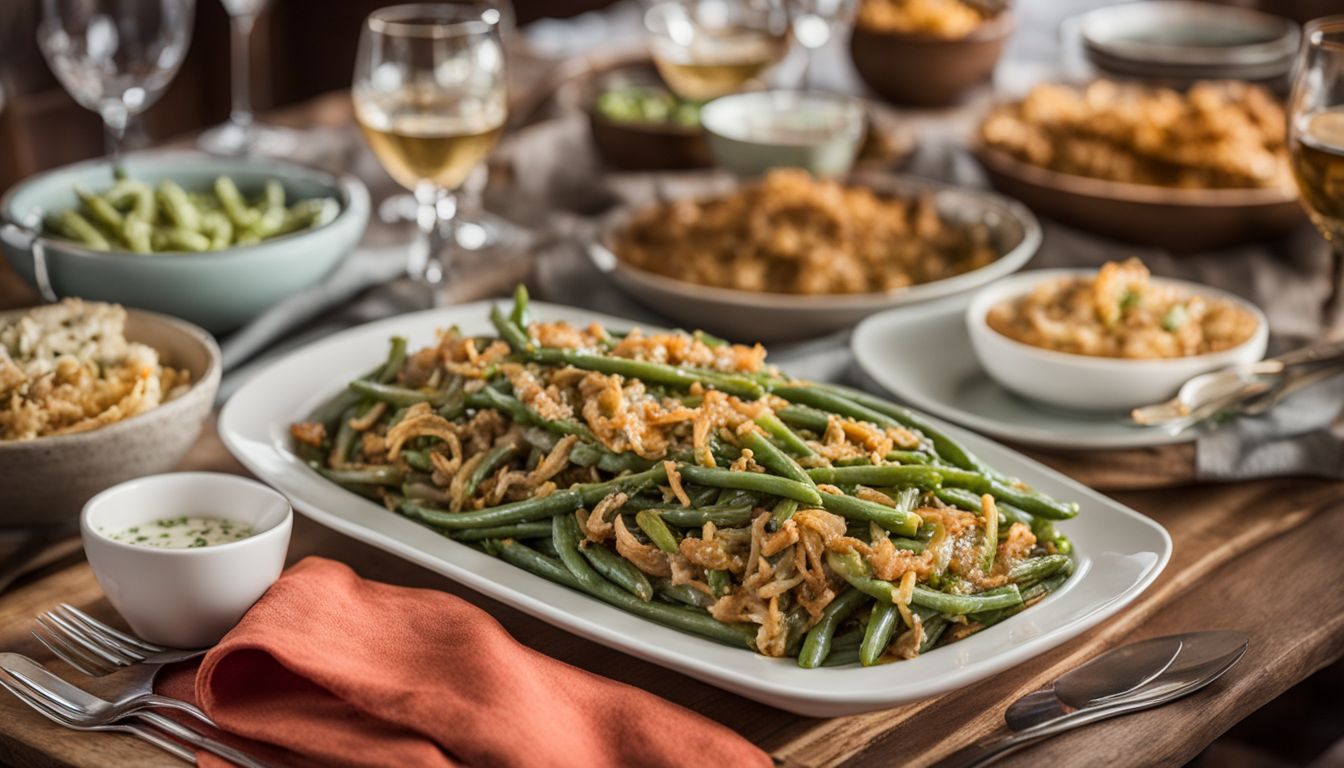 A dinner table with a variety of green bean casserole dishes and colorful place settings. A dinner table with a variety of green bean casserole dishes and colorful place settings.