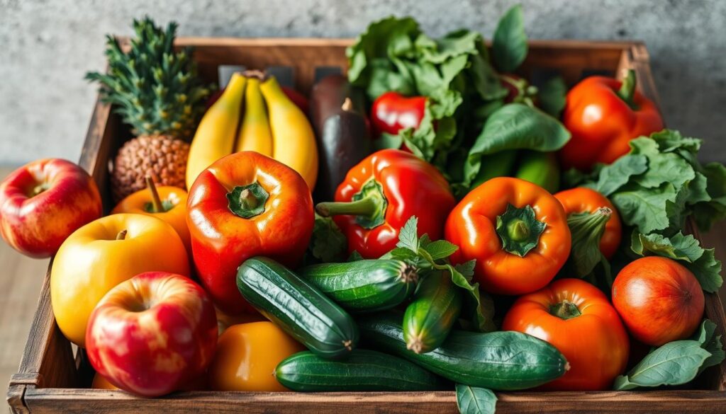 A colorful assortment of fresh foods arranged on a wooden kitchen countertop, featuring delicate textures ripe tomatoes, fresh cucumbers, leafy greens, creamy cheese, vibrant strawberries, and fluffy bread, all showcasing their natural colors and details without any frost or ice.