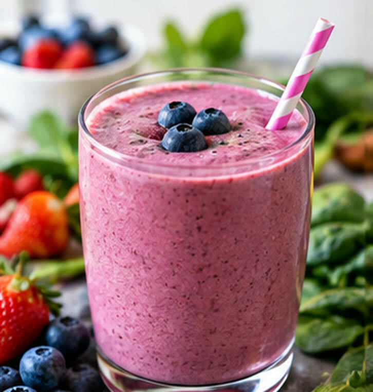 Thick pink berry smoothie topped with blueberries, with strawberries