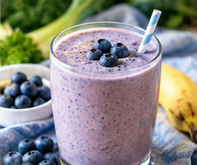 Purple-blue blueberry smoothie topped with fresh blueberries, with a banana