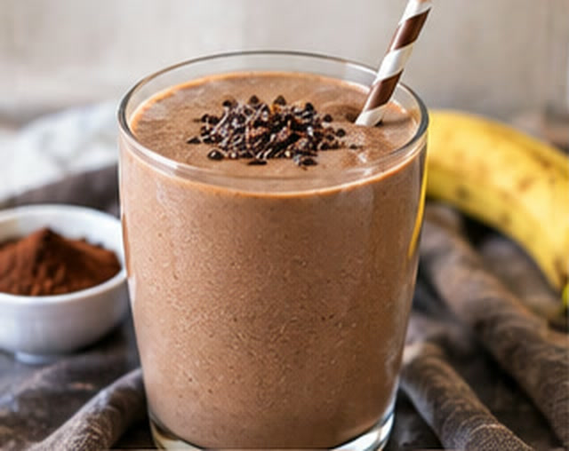 Chocolate banana smoothie topped with chocolate sprinkles, with cocoa and bananas