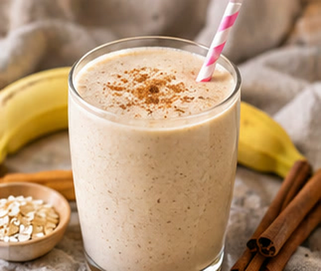 Creamy smoothie dusted with cinnamon, with bananas and cinnamon sticks