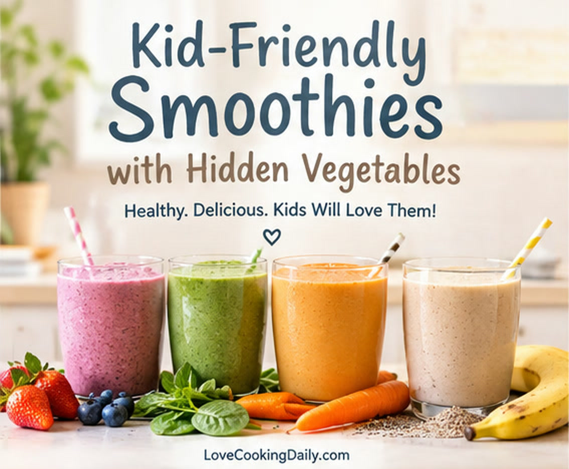 Four colourful kid-friendly smoothies in a row: pink, green, orange and cream, with fruit and vegetables