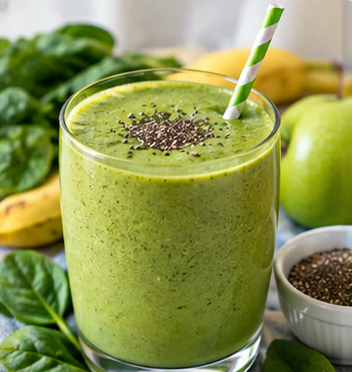 Bright green spinach smoothie with a striped straw, spinach leaves and banana