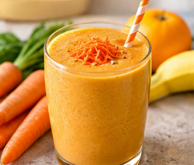Orange mango and carrot smoothie topped with grated carrot, with bananas and an orange