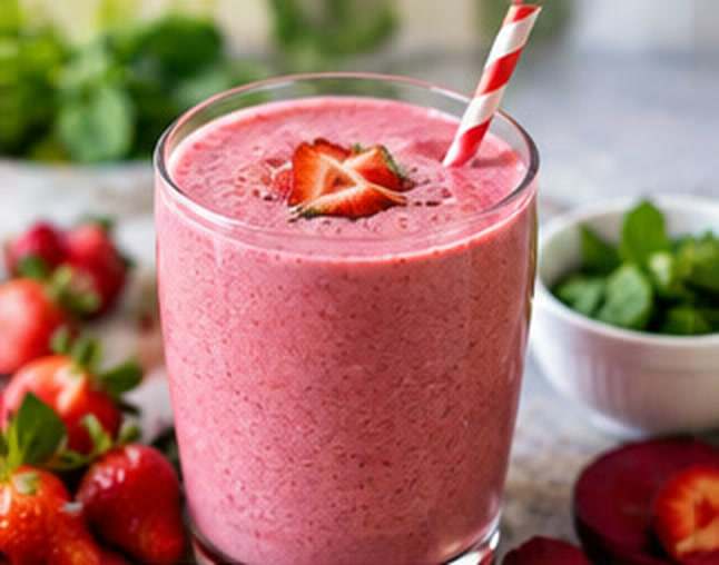 Pink strawberry smoothie in a glass with a striped straw and fresh strawberries