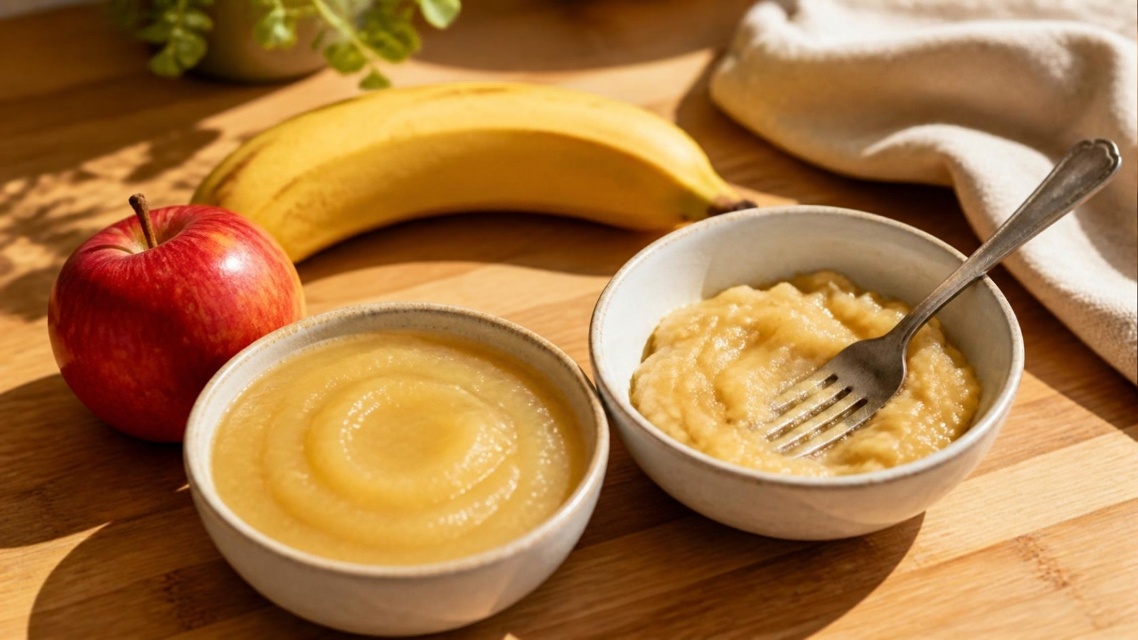 Unsweetened applesauce and mashed ripe banana in two bowls, used to replace eggs in baking