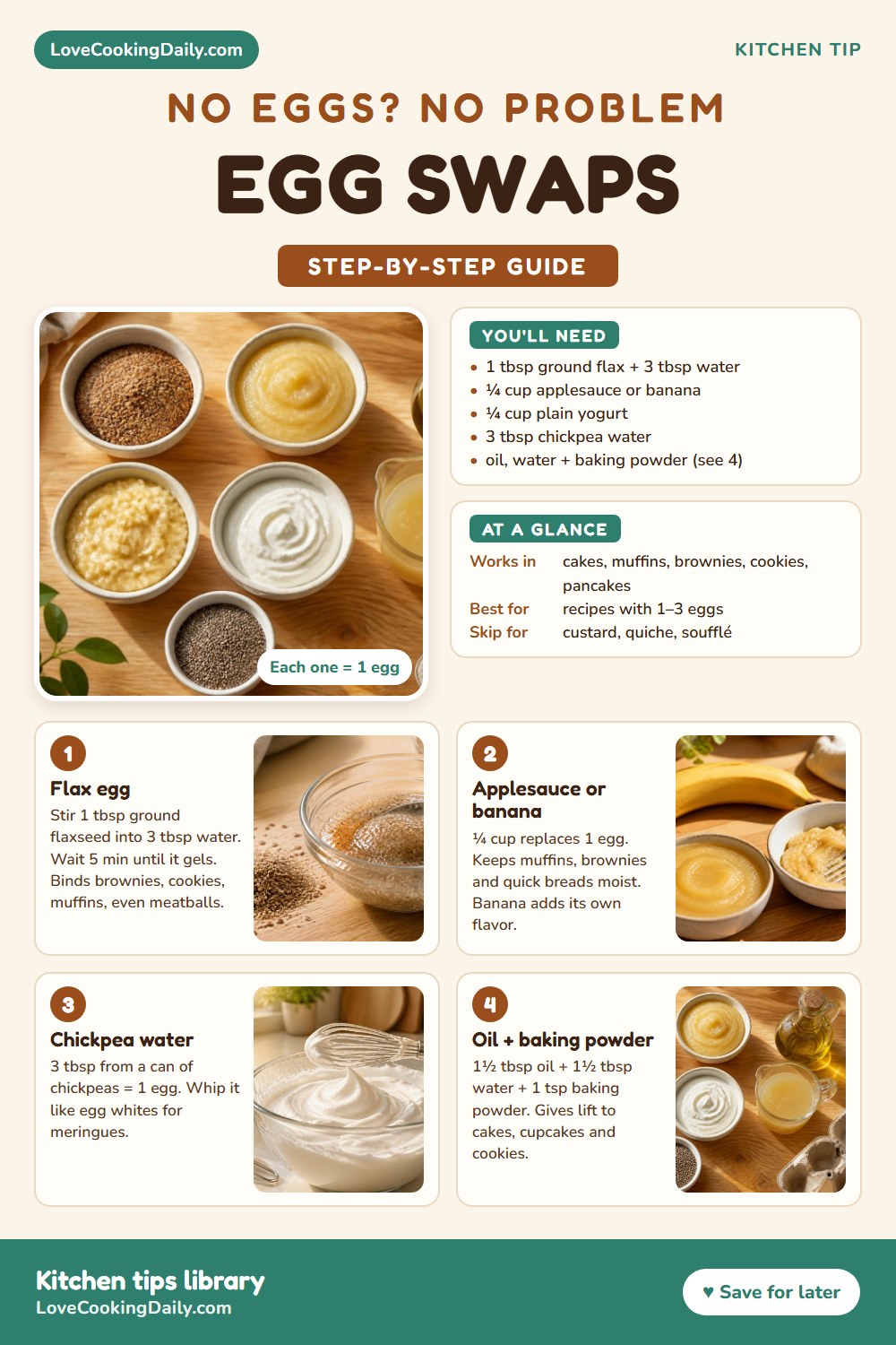 Egg swaps chart: flax egg, applesauce or banana, chickpea water, and oil with baking powder, each replacing one egg