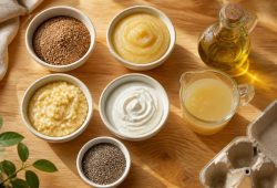 Bowls of egg substitutes on a kitchen counter: ground flaxseed, applesauce, mashed banana, yogurt, chia seeds, oil and chickpea water