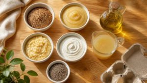 Bowls of egg substitutes on a kitchen counter: ground flaxseed, applesauce, mashed banana, yogurt, chia seeds, oil and chickpea water