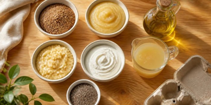 Bowls of egg substitutes on a kitchen counter: ground flaxseed, applesauce, mashed banana, yogurt, chia seeds, oil and chickpea water