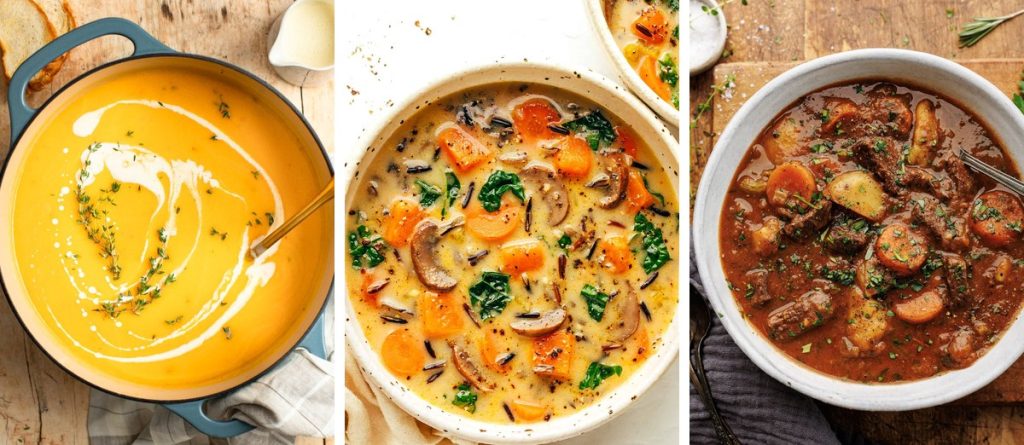 12 cozy fall soup recipes collage featuring butternut squash soup, wild rice soup, and beef stew