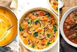 12 cozy fall soup recipes collage featuring butternut squash soup, wild rice soup, and beef stew